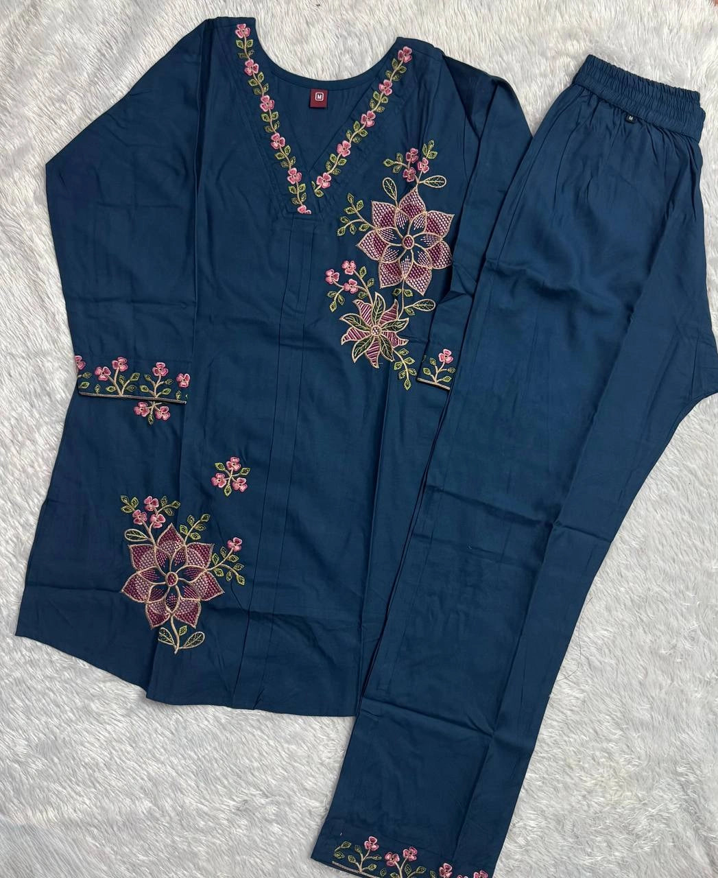 teal blue multi thread embroidered coord set kalyanja kc12 flat lay top and pant