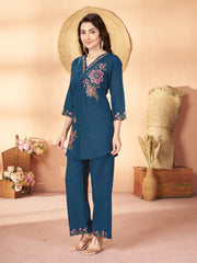 teal blue multi thread embroidered coord set kalyanja kc12 full side front angle