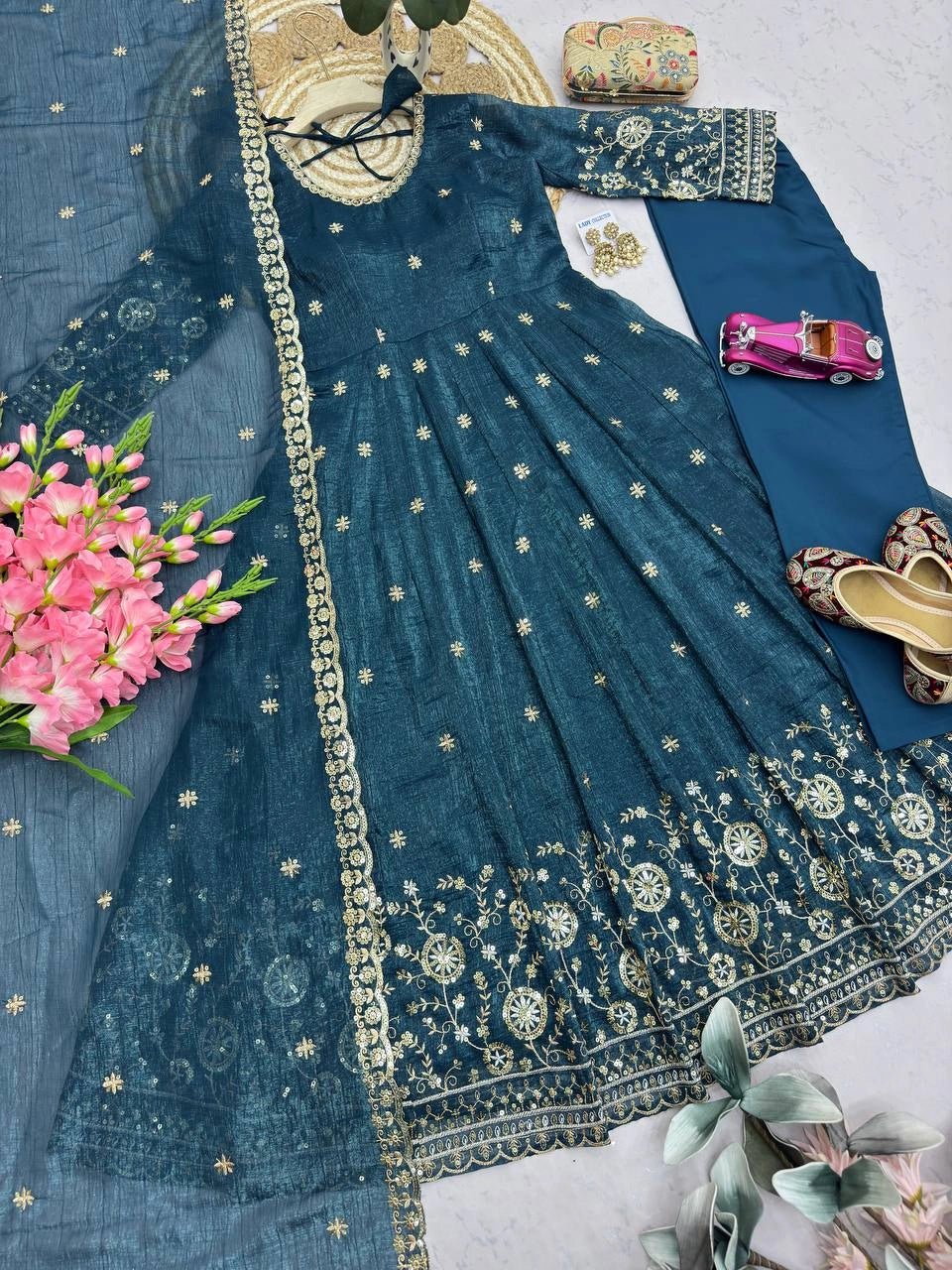 Teal Blue Sequins Embroidered Suit Second Pose with Dupatta