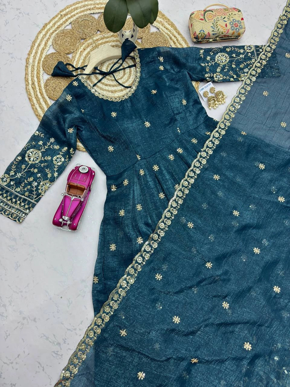 Teal Blue Sequins Embroidered Suit 3/4 Angle View