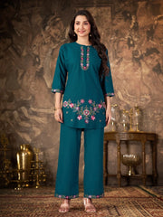 Teal Blue Thread Embroidered Coord Set front bust view Kalyanja KC22