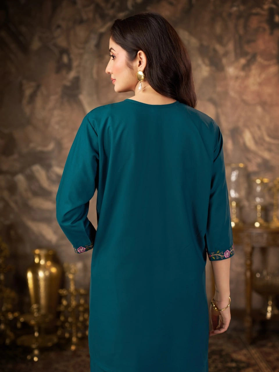 Teal Blue Thread Embroidered Coord Set pocket detail Kalyanja KC22