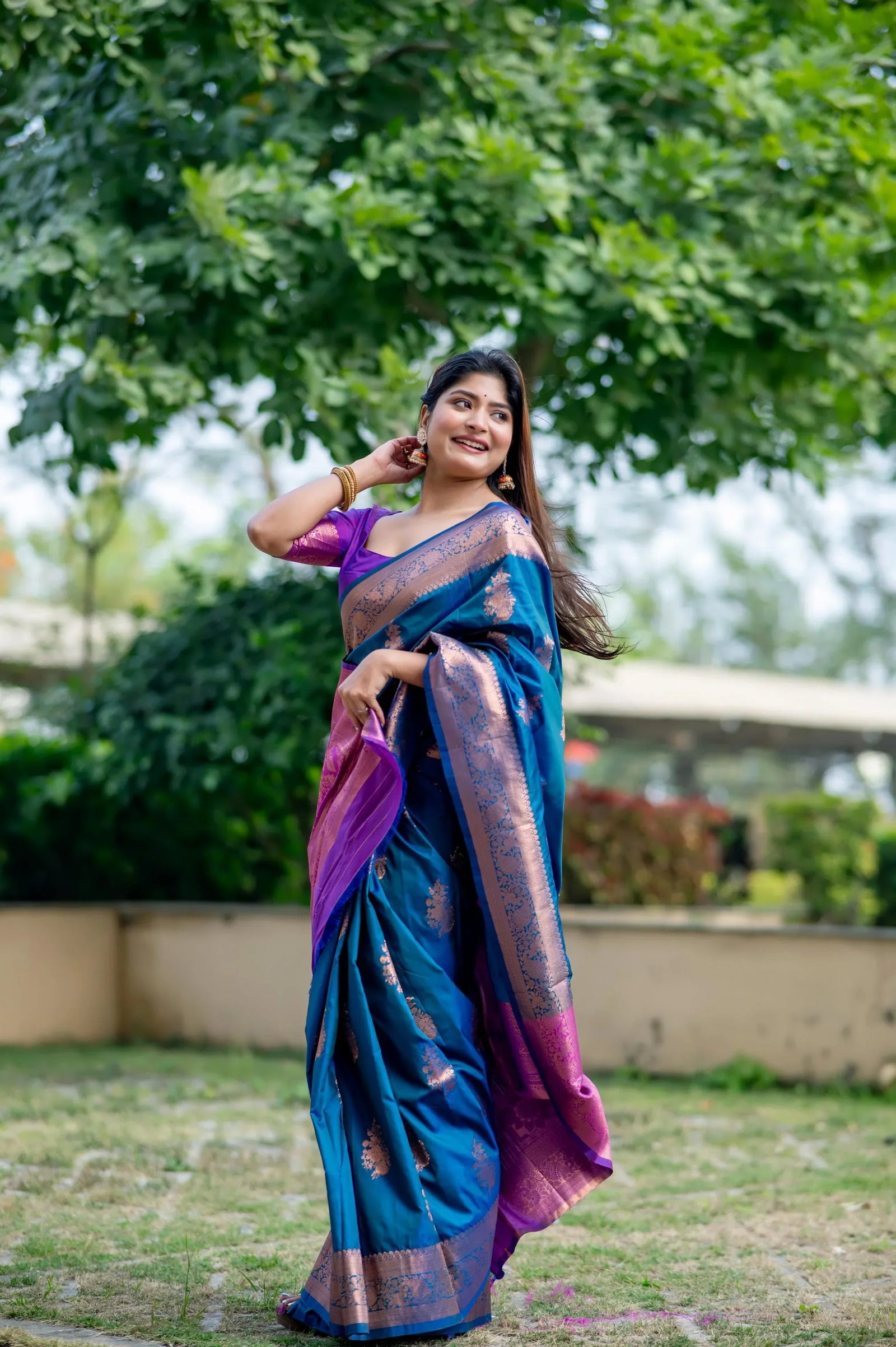 Teal Blue Zari Work Soft Banarasi Silk Saree - kalyanja