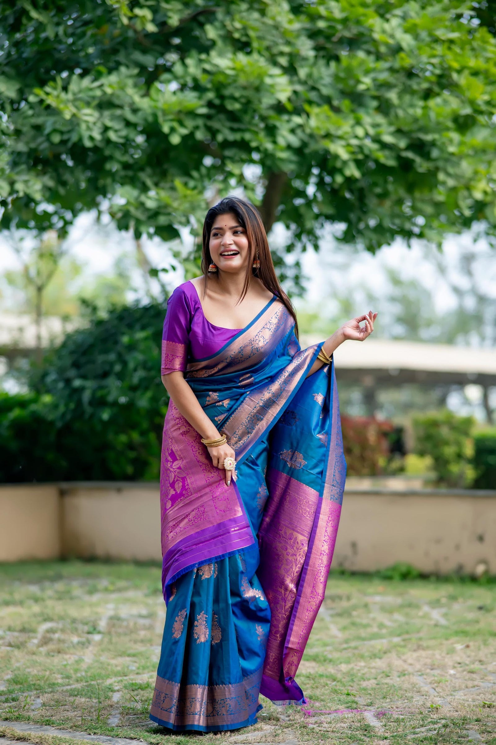 Teal Blue Zari Work Soft Banarasi Silk Saree - kalyanja