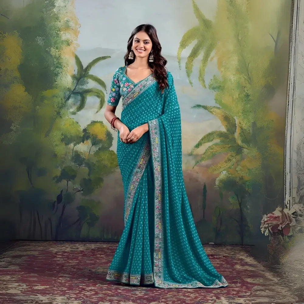 Sea Green Embroidery Work Georgette Saree