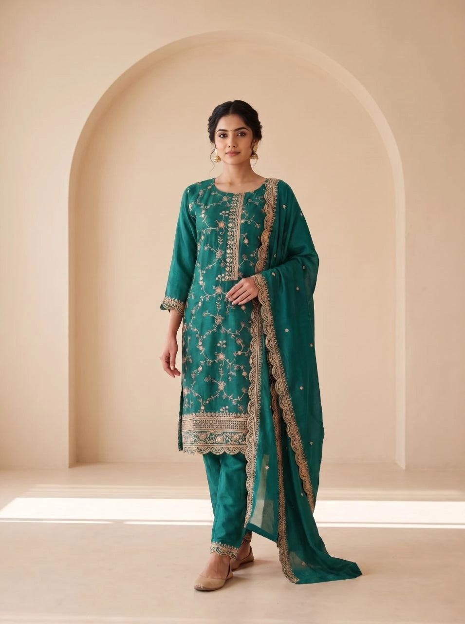 Teal Green Sequins Embroidered Kurti Blooming Chinon KK111 - Front Full Length