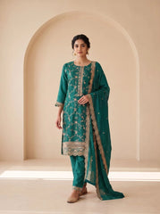 Teal Green Sequins Embroidered Kurti Blooming Chinon KK111 - Front Full Length