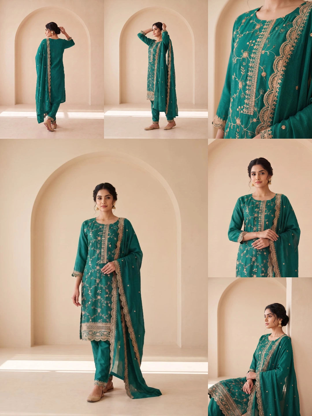Teal Green Sequins Embroidered Kurti Blooming Chinon KK111 - All Views
