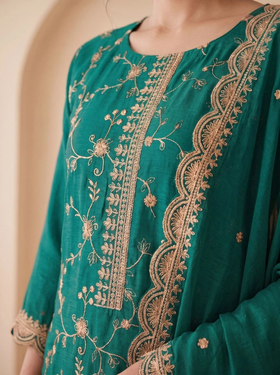 Teal Green Sequins Embroidered Kurti Blooming Chinon KK111 - Zari Work Close-up