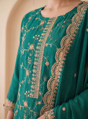 Teal Green Sequins Embroidered Kurti Blooming Chinon KK111 - Zari Work Close-up
