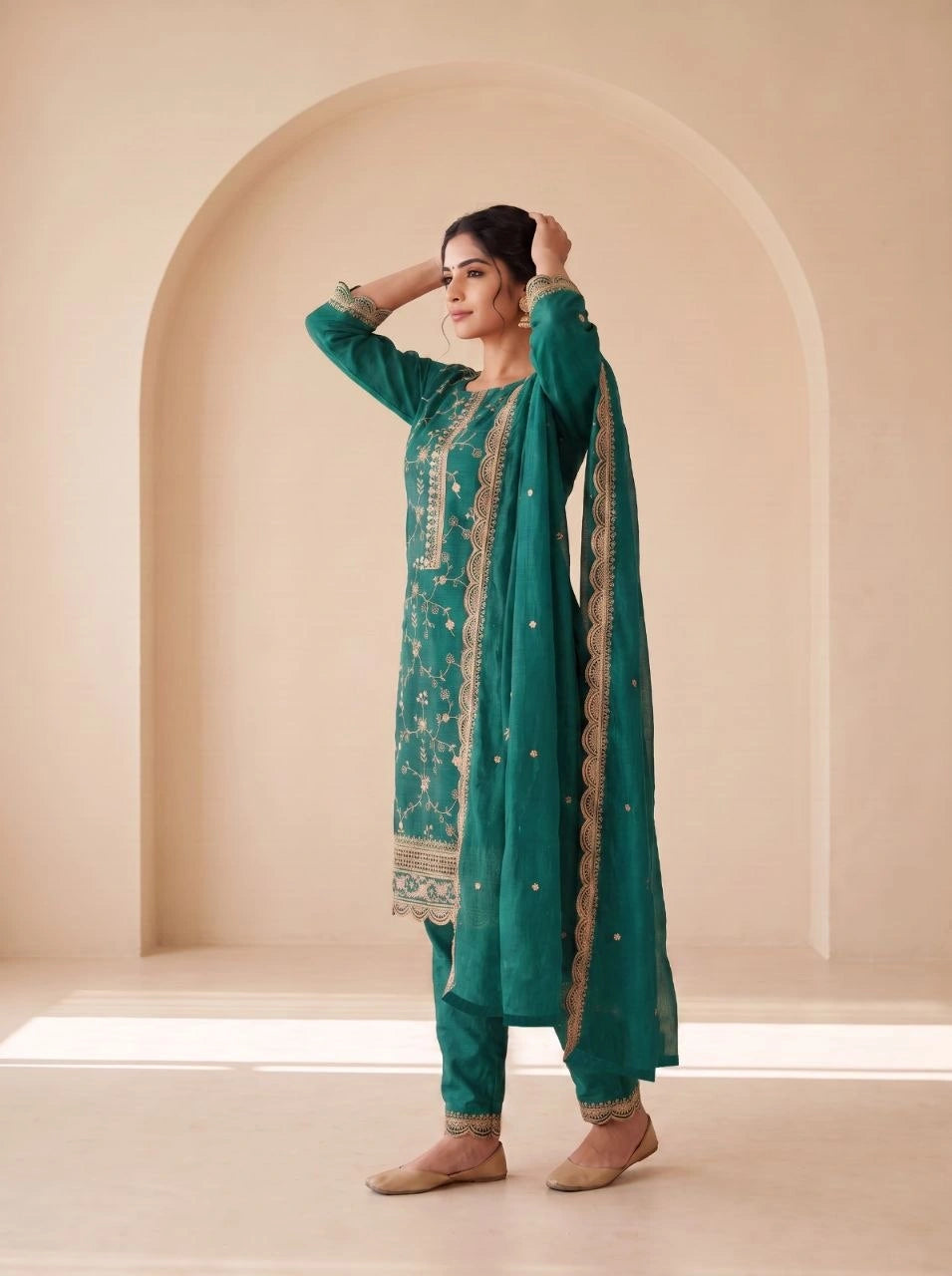 Teal Green Sequins Embroidered Kurti Blooming Chinon KK111 - Side View