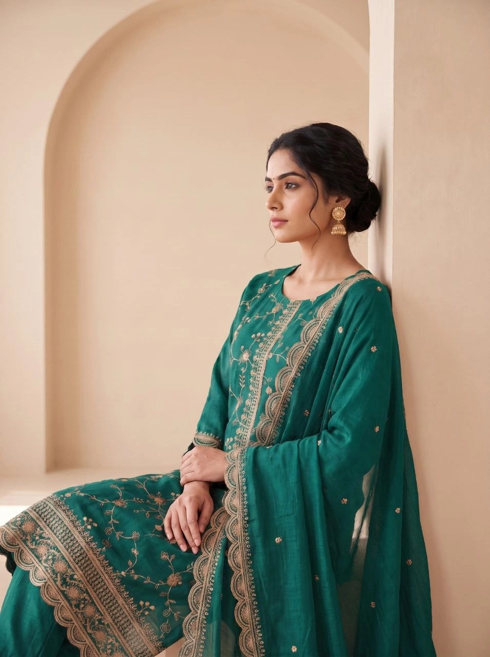 Teal Green Sequins Embroidered Kurti Blooming Chinon KK111 - Seated Pose
