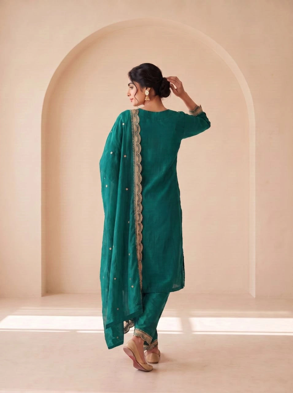 Teal Green Sequins Embroidered Kurti Blooming Chinon KK111 - Back View