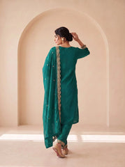 Teal Green Sequins Embroidered Kurti Blooming Chinon KK111 - Back View