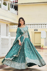 Teal Green Sequins Embroidered Lehenga front flair twirl view – Kalyanja KL167