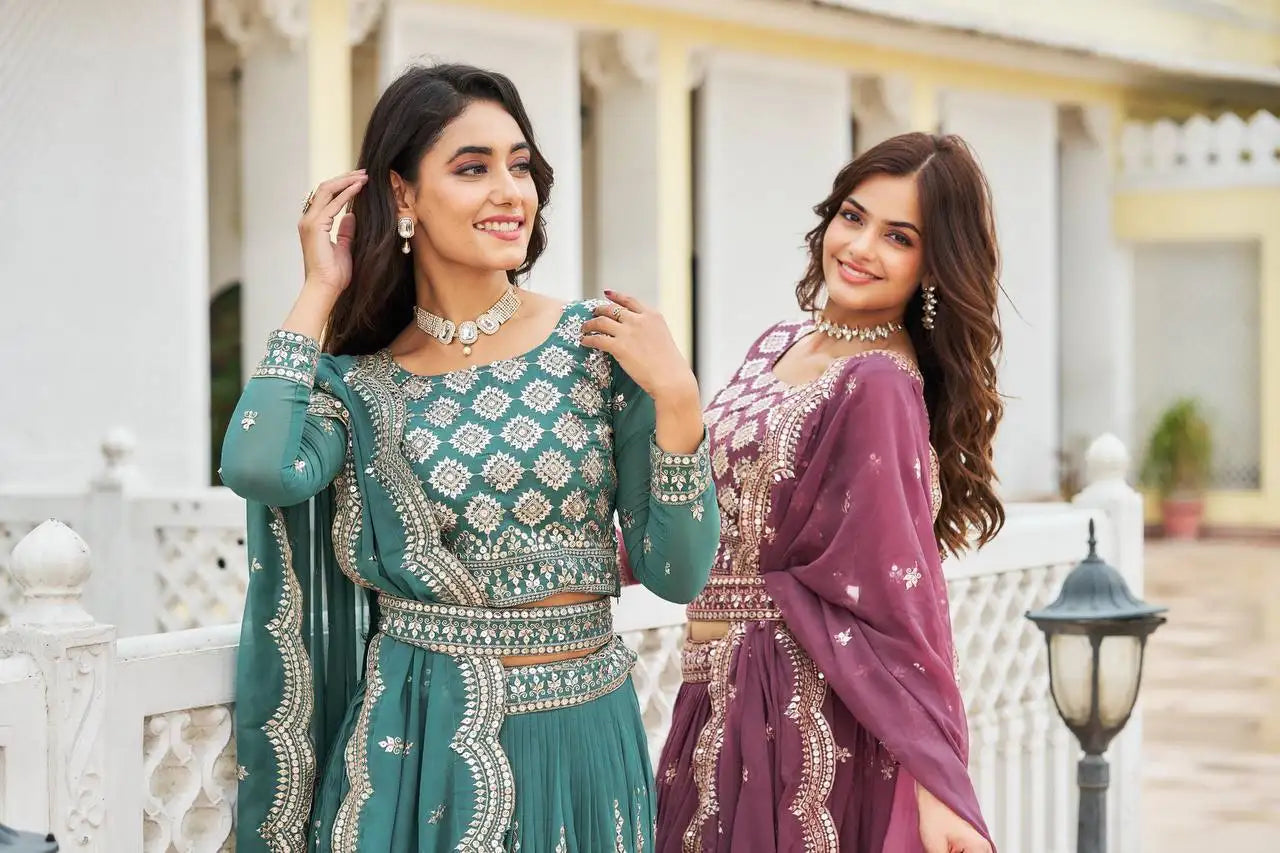 Teal Green and Lavender Pink Sequins Lehenga both colors combo close-up – Kalyanja KL167