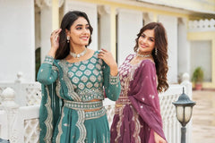 Teal Green and Lavender Pink Sequins Lehenga both colors combo close-up – Kalyanja KL167