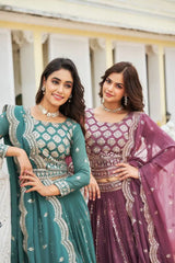 Teal Green and Lavender Pink Sequins Lehenga both colors full view – Kalyanja KL167