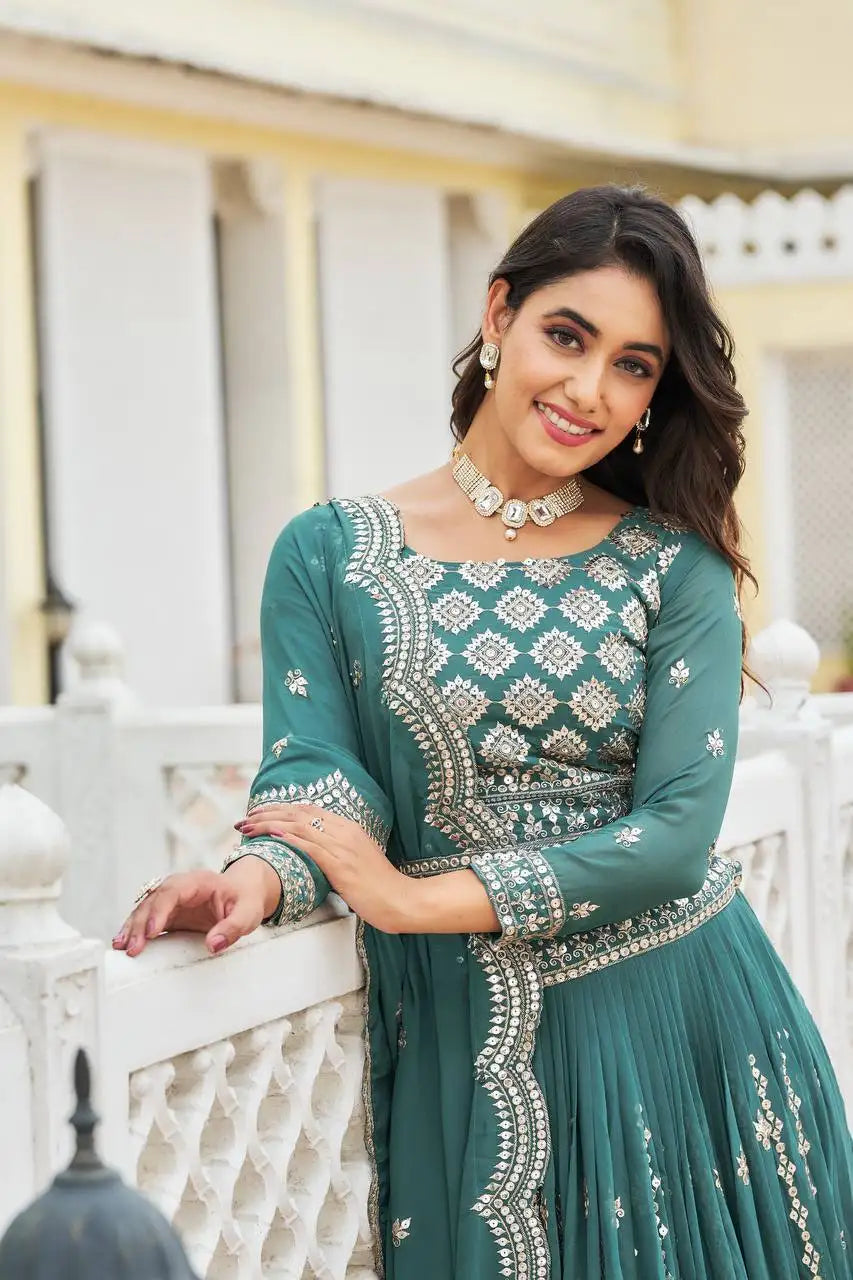 Teal Green Faux Georgette Lehenga choli embroidery round neck close-up – Kalyanja KL167