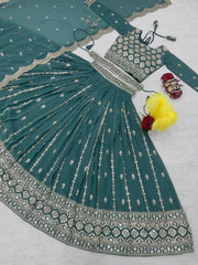 Teal Green Sequins Embroidered Lehenga flat lay all 3 pieces – Kalyanja KL167