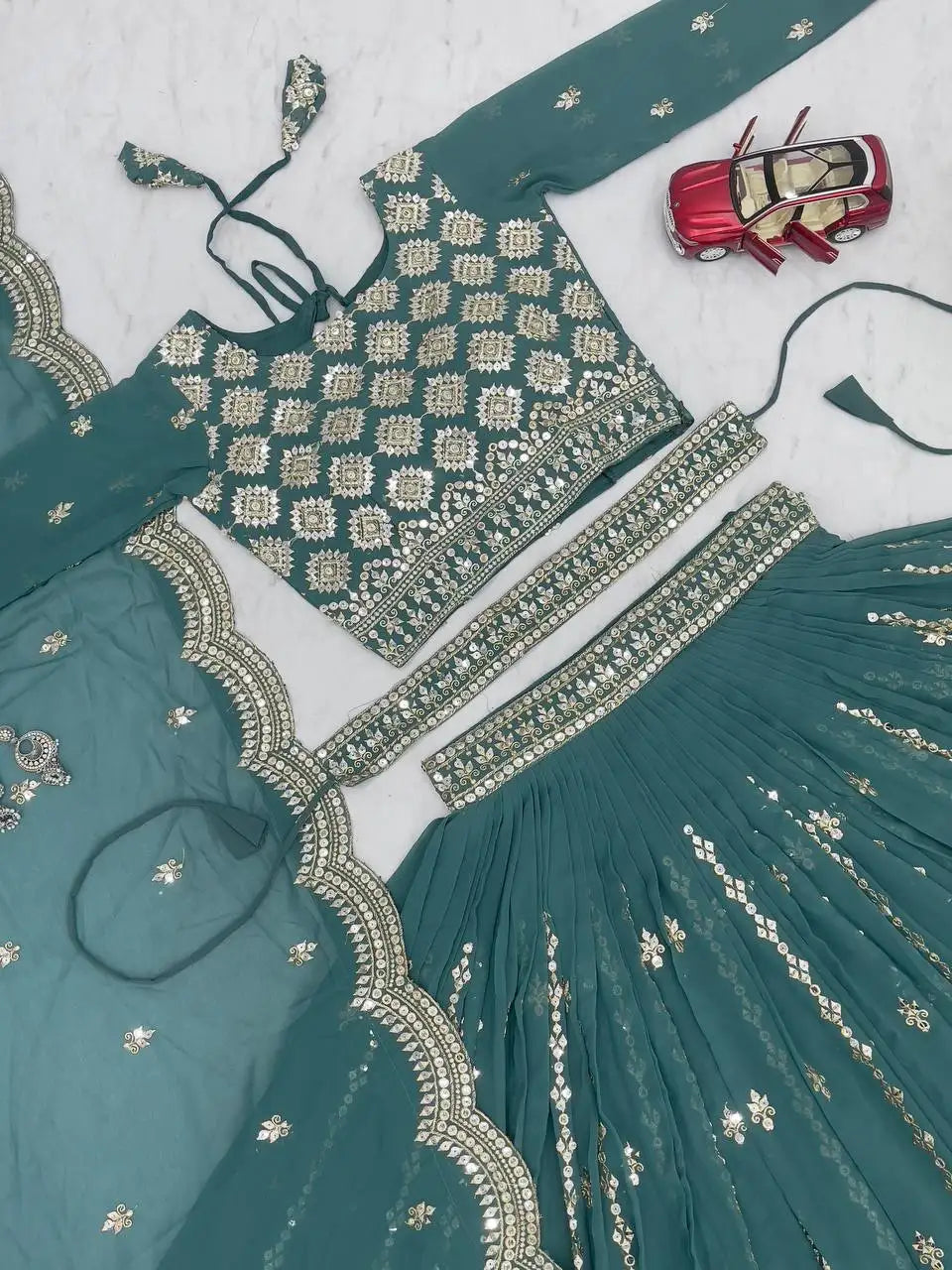 Teal Green Lehenga flat lay choli border detail close-up – Kalyanja KL167