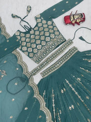 Teal Green Lehenga flat lay choli border detail close-up – Kalyanja KL167
