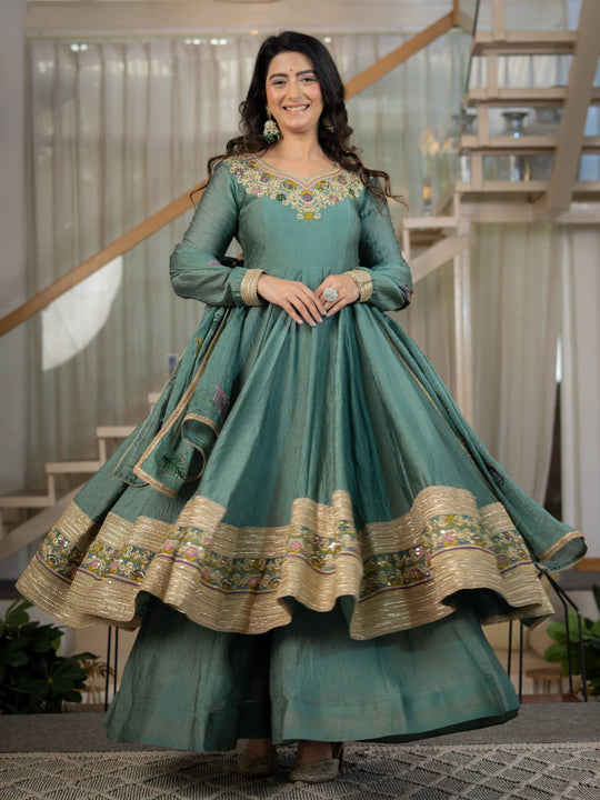 Teal Green Sequins Embroidered Suit full length front hero model Anarkali with Palazzo – Kalyanja KU282