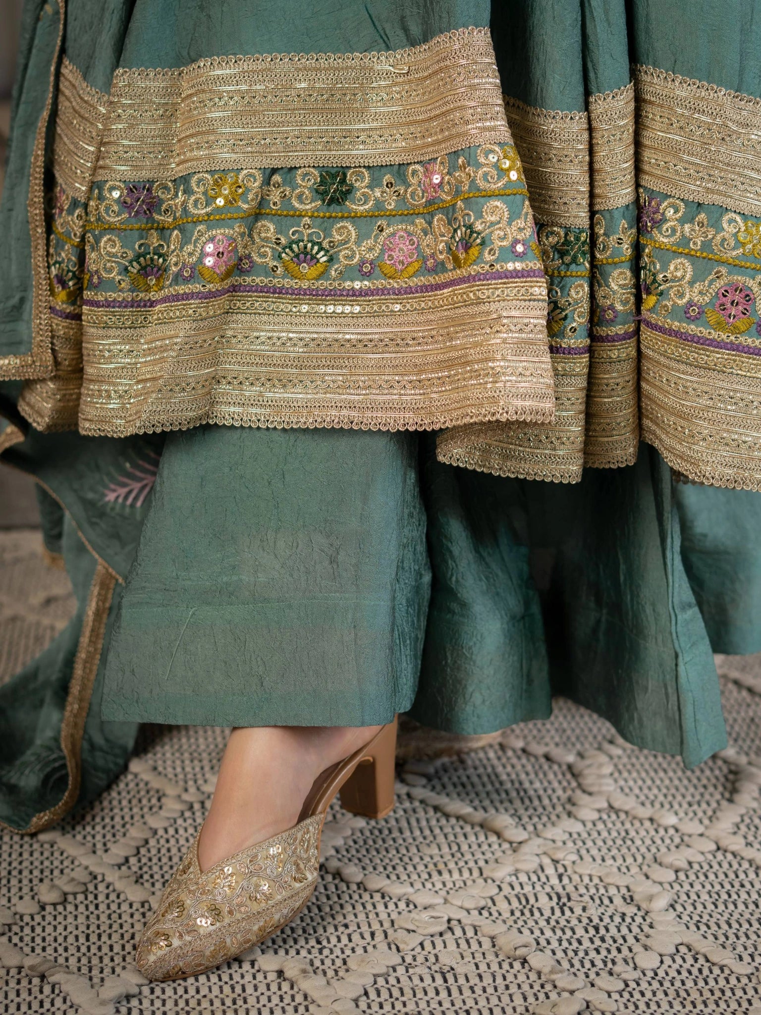 Teal Green Anarkali Suit hem border two-tier sequins and zari detail – Kalyanja KU282