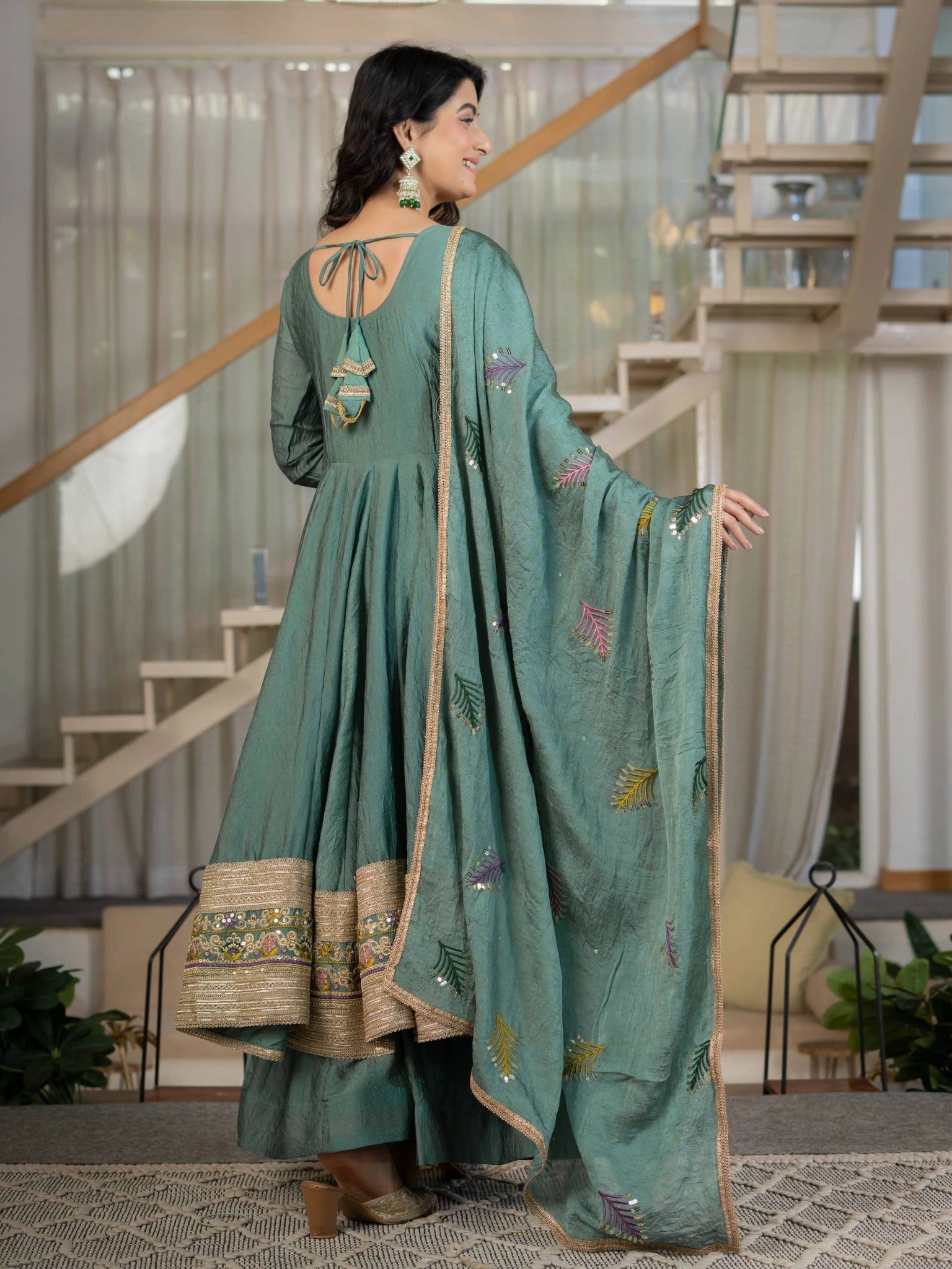 Teal Green Sequins Embroidered Suit back view open dori tie-up neck – Kalyanja KU282