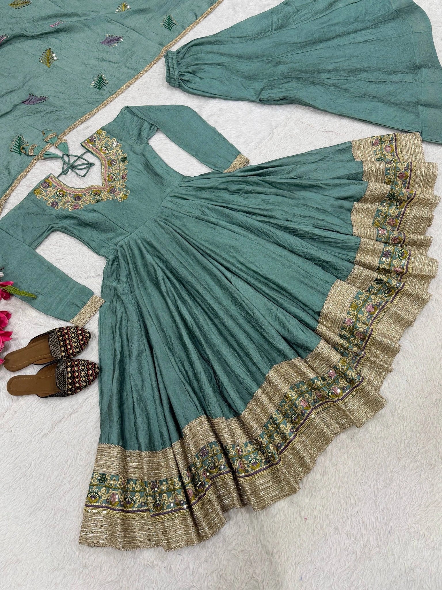 Teal Green Rangoli Crush Suit flat lay angled full Anarkali flare with border detail – Kalyanja KU282