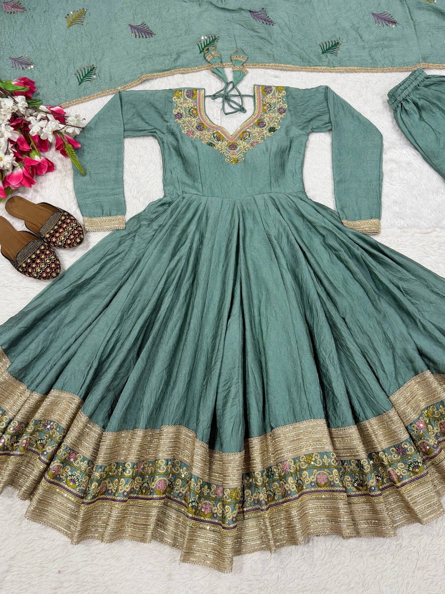 Teal Green Sequins Embroidered Suit flat lay complete set with Palazzo and dupatta – Kalyanja KU282