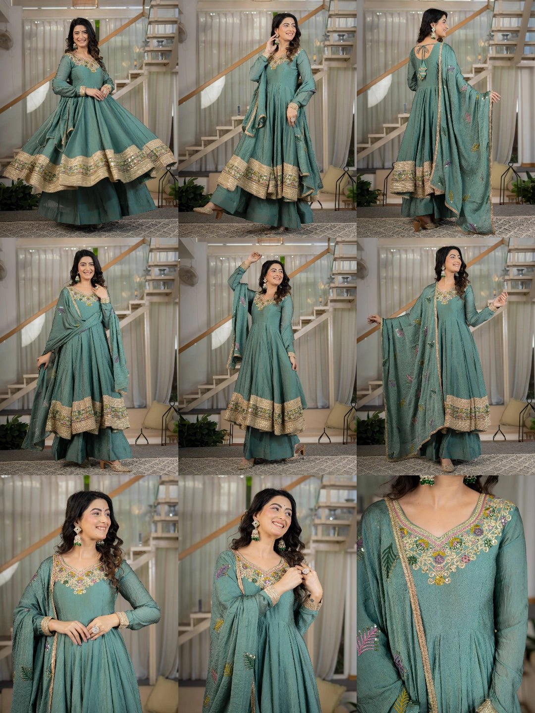 Teal Green Anarkali Palazzo Suit multiple model poses collage – Kalyanja KU282
