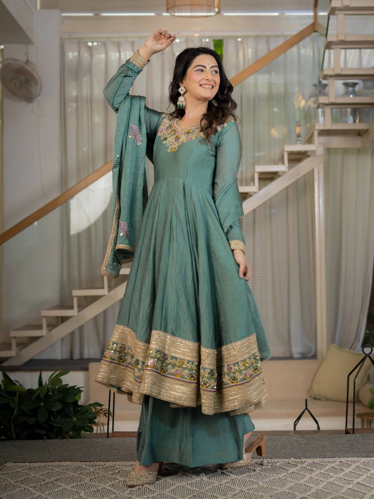 Teal Green Anarkali Suit full length hand raised showing Palazzo below – Kalyanja KU282