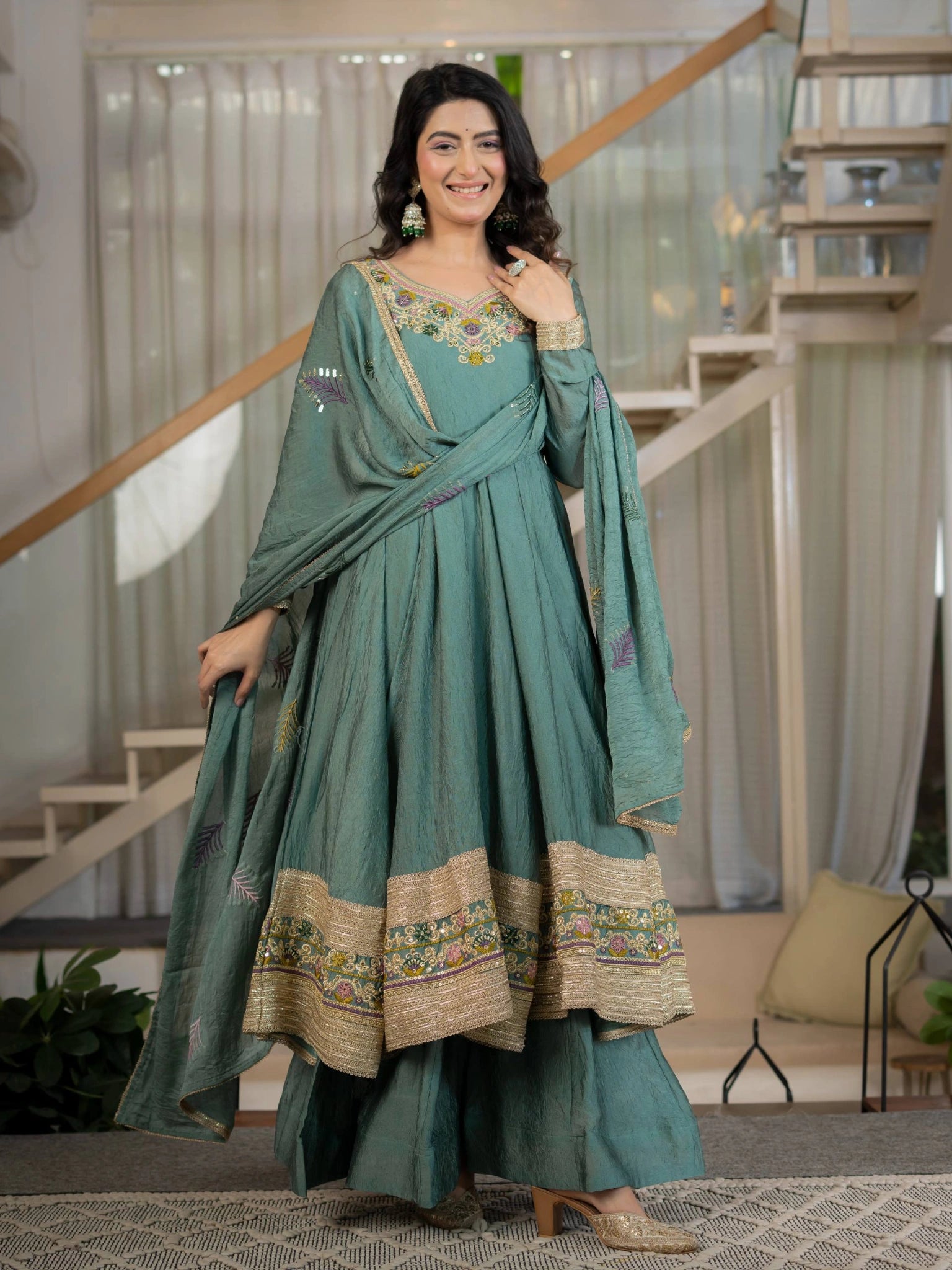 Teal Green Sequins Embroidered Suit full length dupatta draped model 2 – Kalyanja KU282