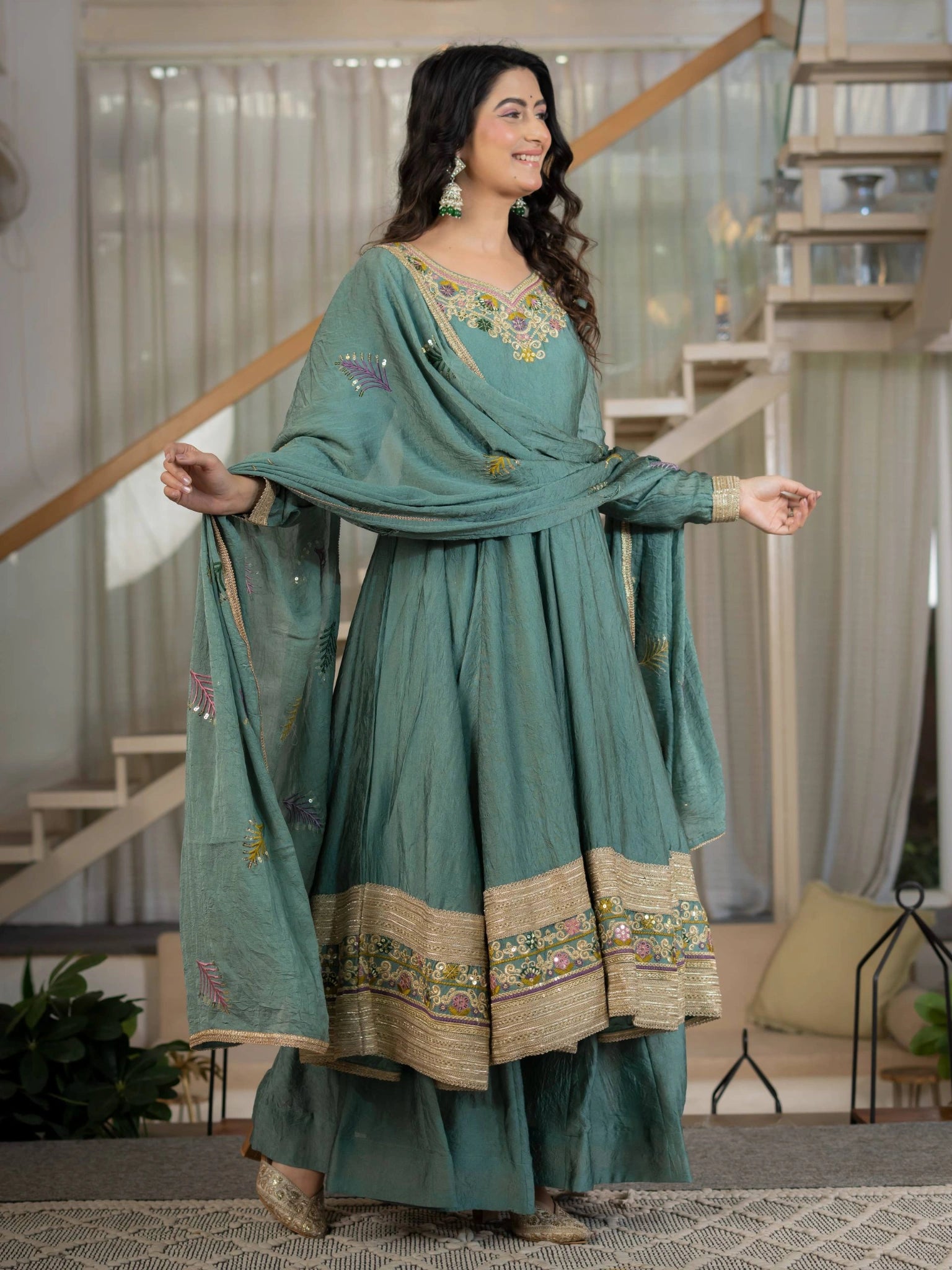 Teal Green Rangoli Crush Anarkali Suit dupatta spread wide artistic pose – Kalyanja KU282