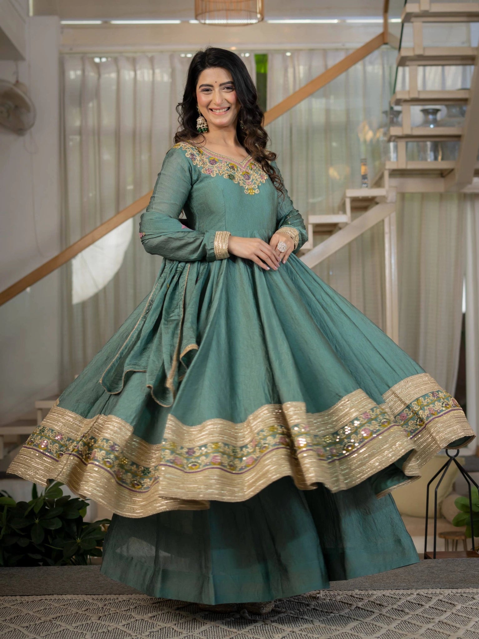 Teal Green Anarkali Suit dynamic spinning flare action shot – Kalyanja KU282