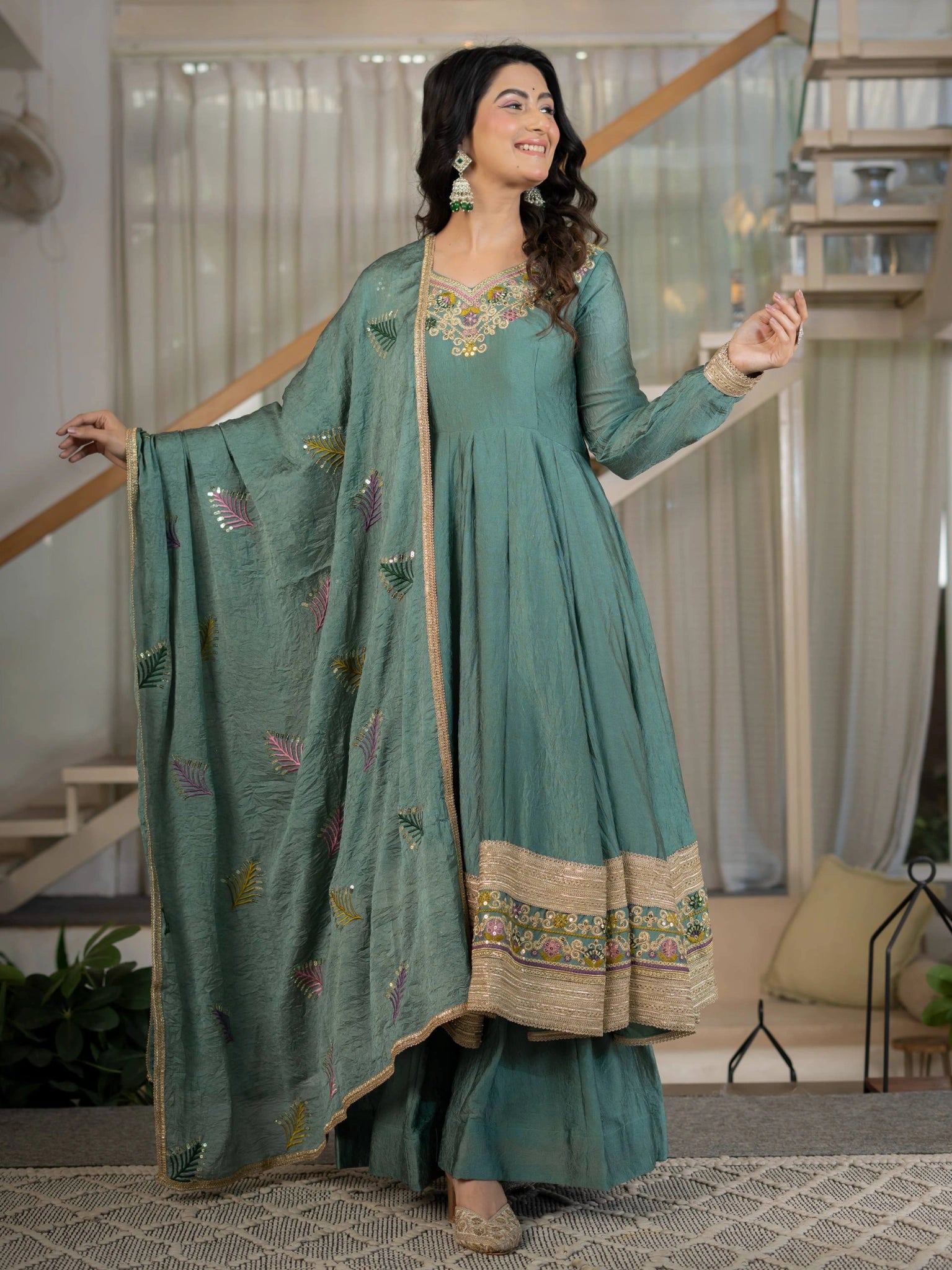 Teal Green Sequins Embroidered Suit full length dupatta on one side – Kalyanja KU282