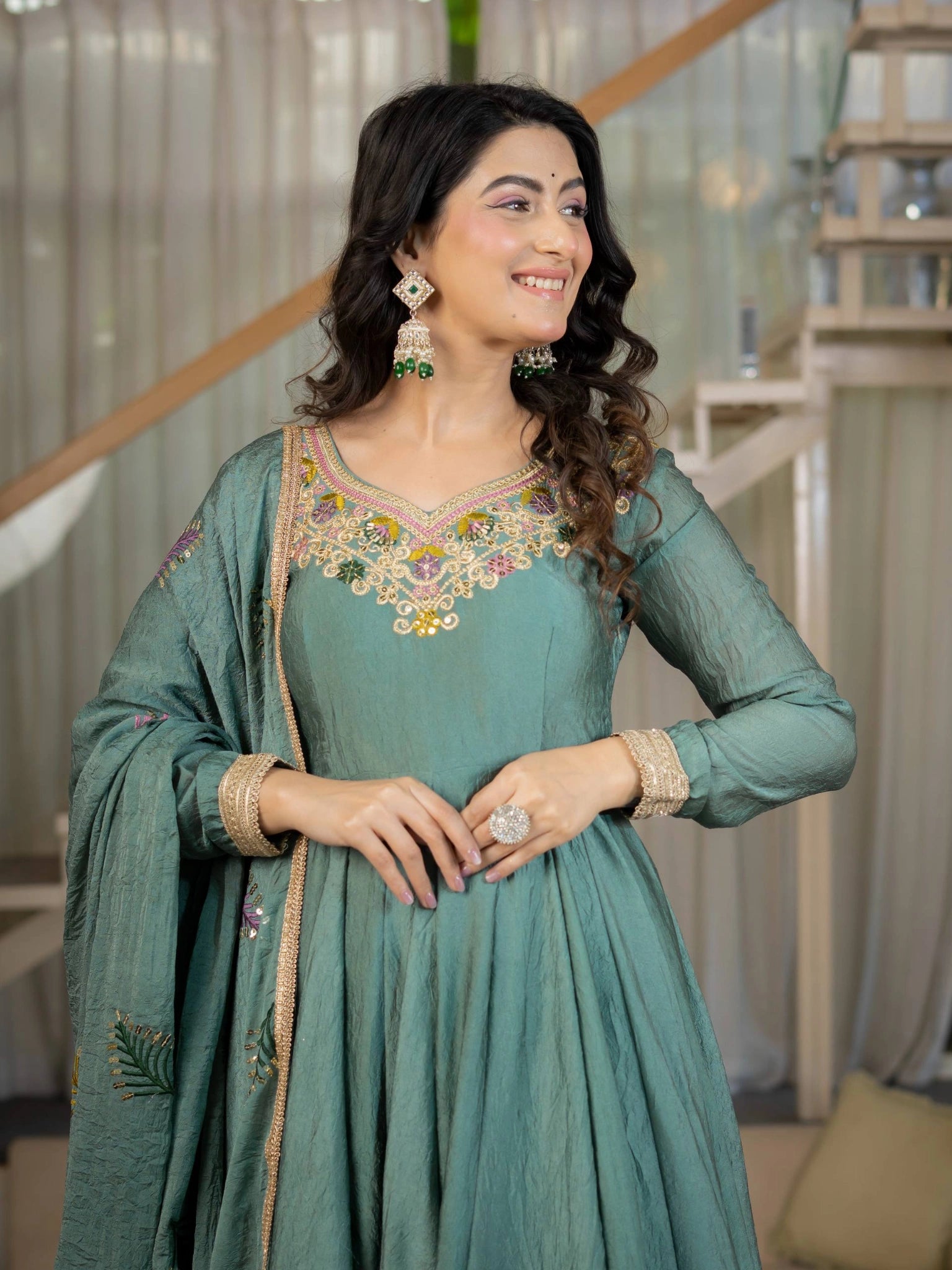 Teal Green Sequins Embroidered Suit upper body close-up V-neck embroidery detail – Kalyanja KU282