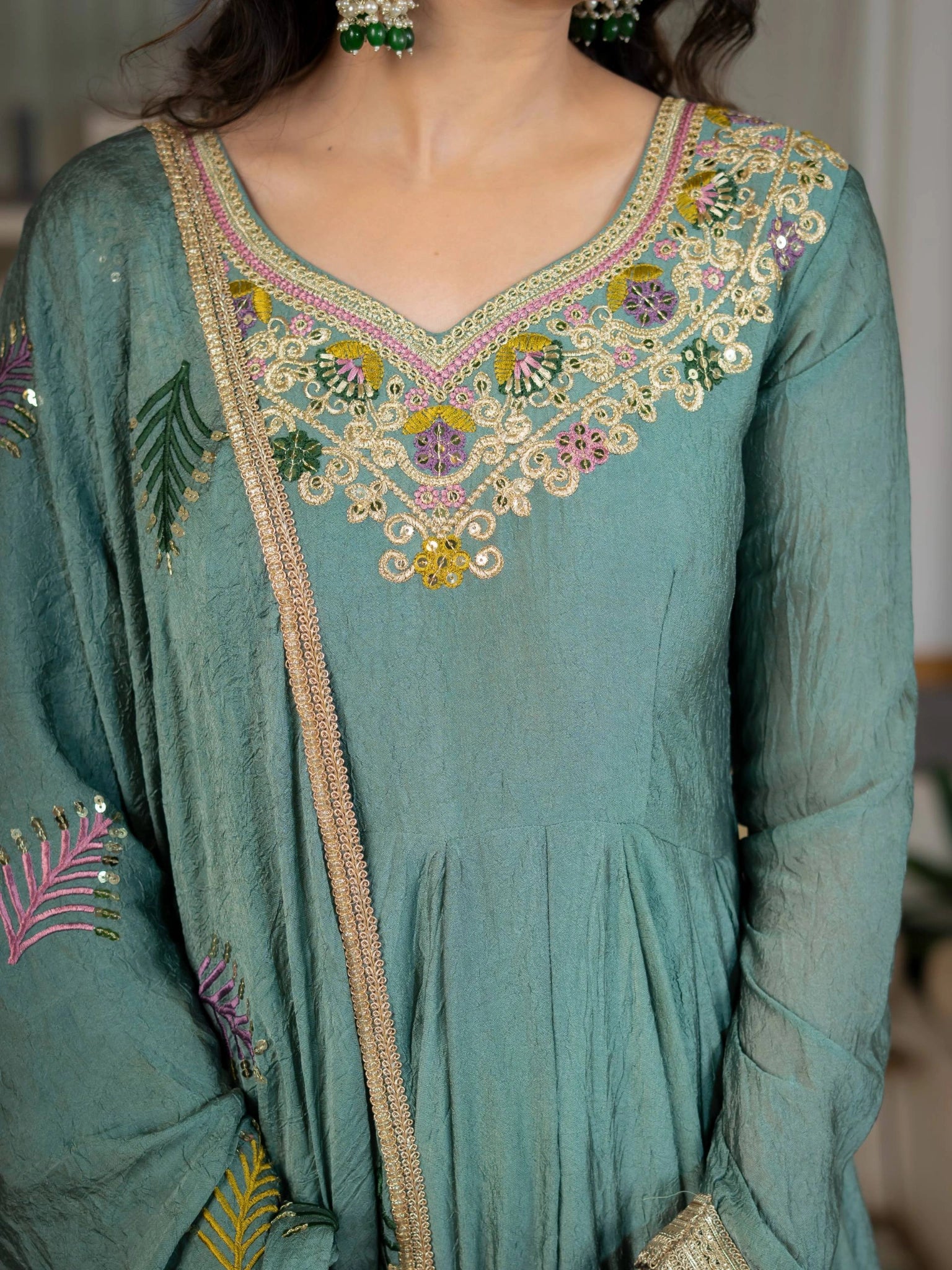 Teal Green V-Neck multi-colour sequins embroidery close-up no face – Kalyanja KU282