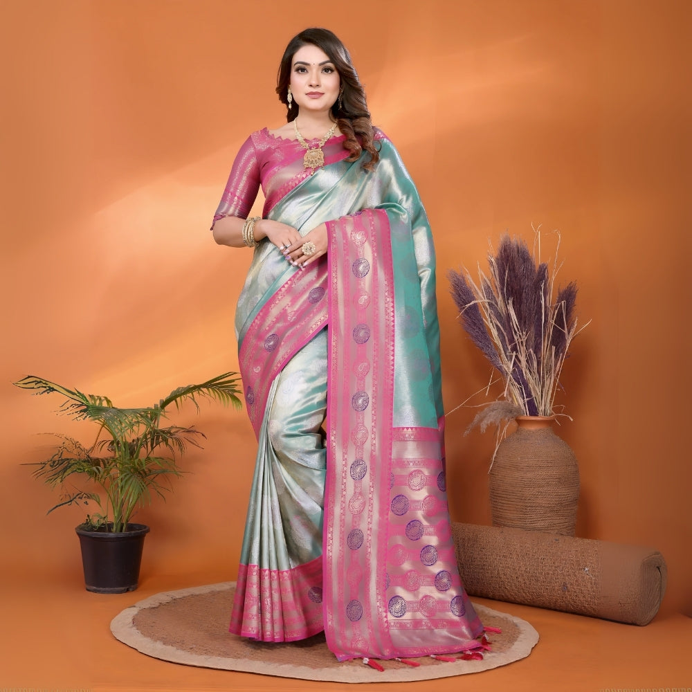 Teal & Pink Paithani Woven Banarasi Silk Saree