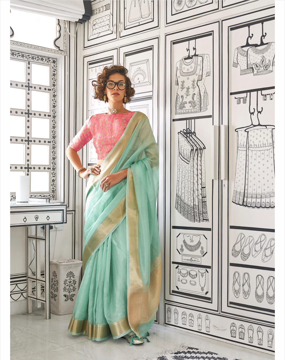 Teal Saree Zari Work Elegant Fashion