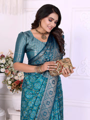 Sea Blue Zari Weaving Soft Satin Silk Saree