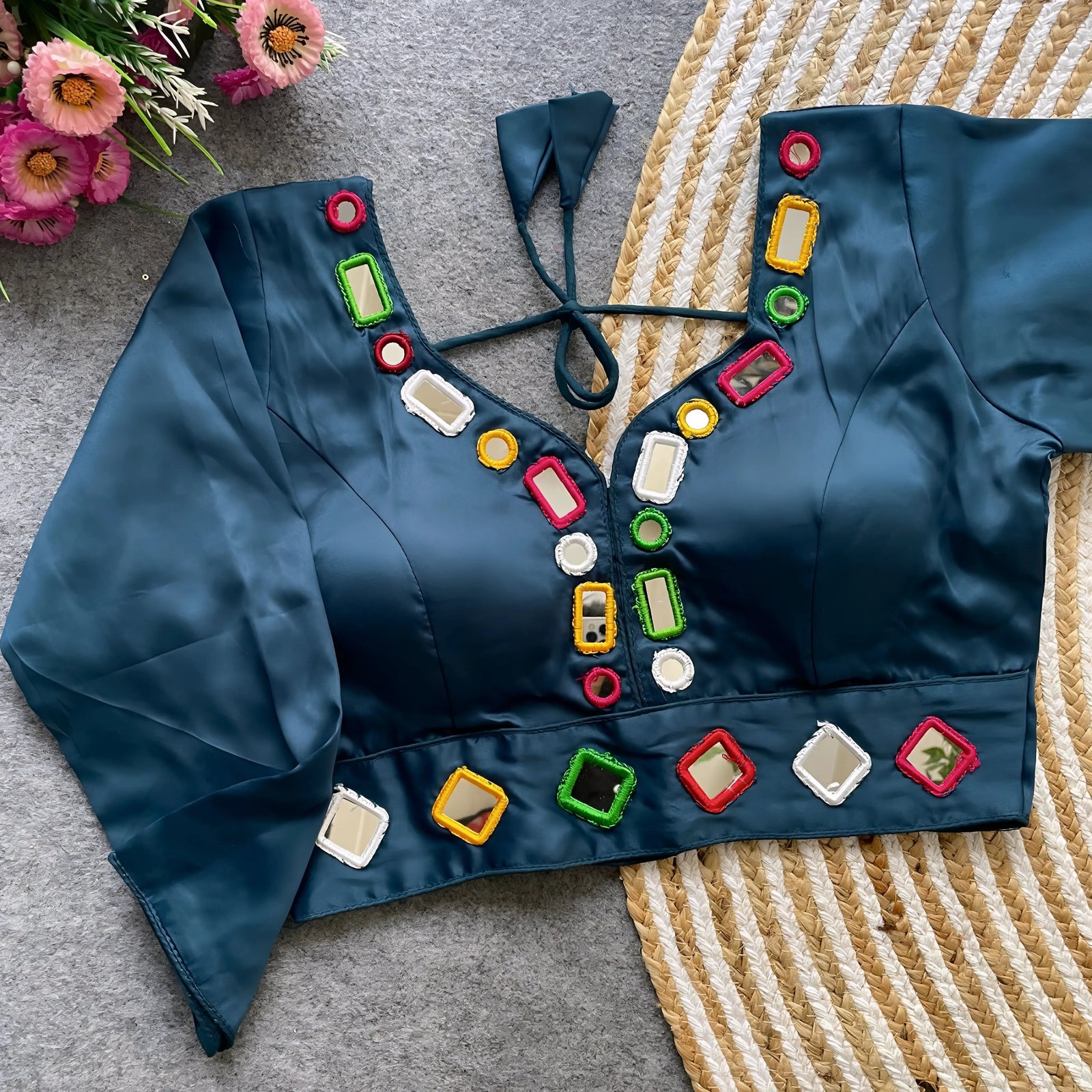 Buy Rama Blue Mirror Work V-Neck Silk Blouse | Kalyanja