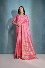 Tulip Pink Ikkat Or Zari Weaving Soft Khadi Raw Silk Saree - kalyanja