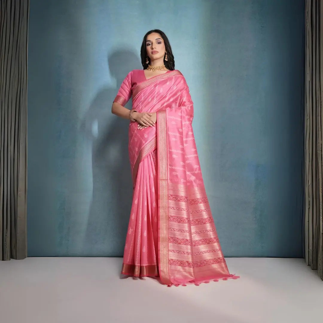 Tulip Pink Ikkat Or Zari Weaving Soft Khadi Raw Silk Saree - kalyanja