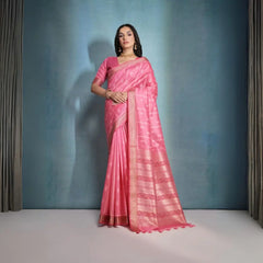 Tulip Pink Ikkat Or Zari Weaving Soft Khadi Raw Silk Saree - kalyanja