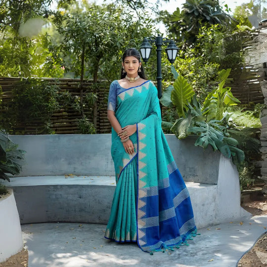 Turquoise Blue Handloom Saree Traditional Design