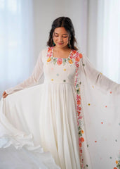 White Anarkali Suit portrait neckline multicolour floral embroidery – Kalyanja KU302