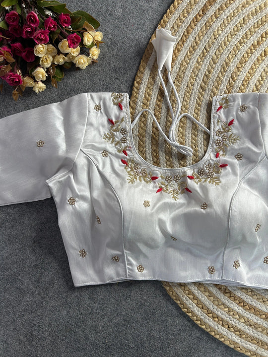 White Floral Embroidery Banglori Silk Blouse