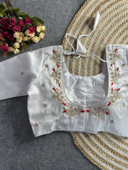 White Floral Embroidery Banglori Silk Blouse
